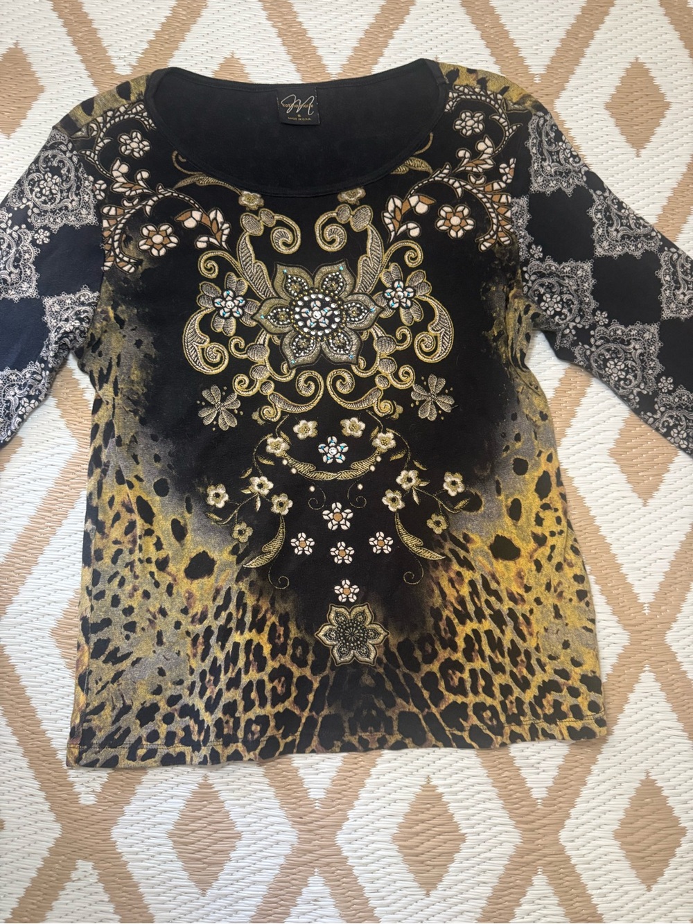 Katina Marie Black Gold Animal Print Knit Top Scoop Neck 3/4 Sleeve Rhinestone S